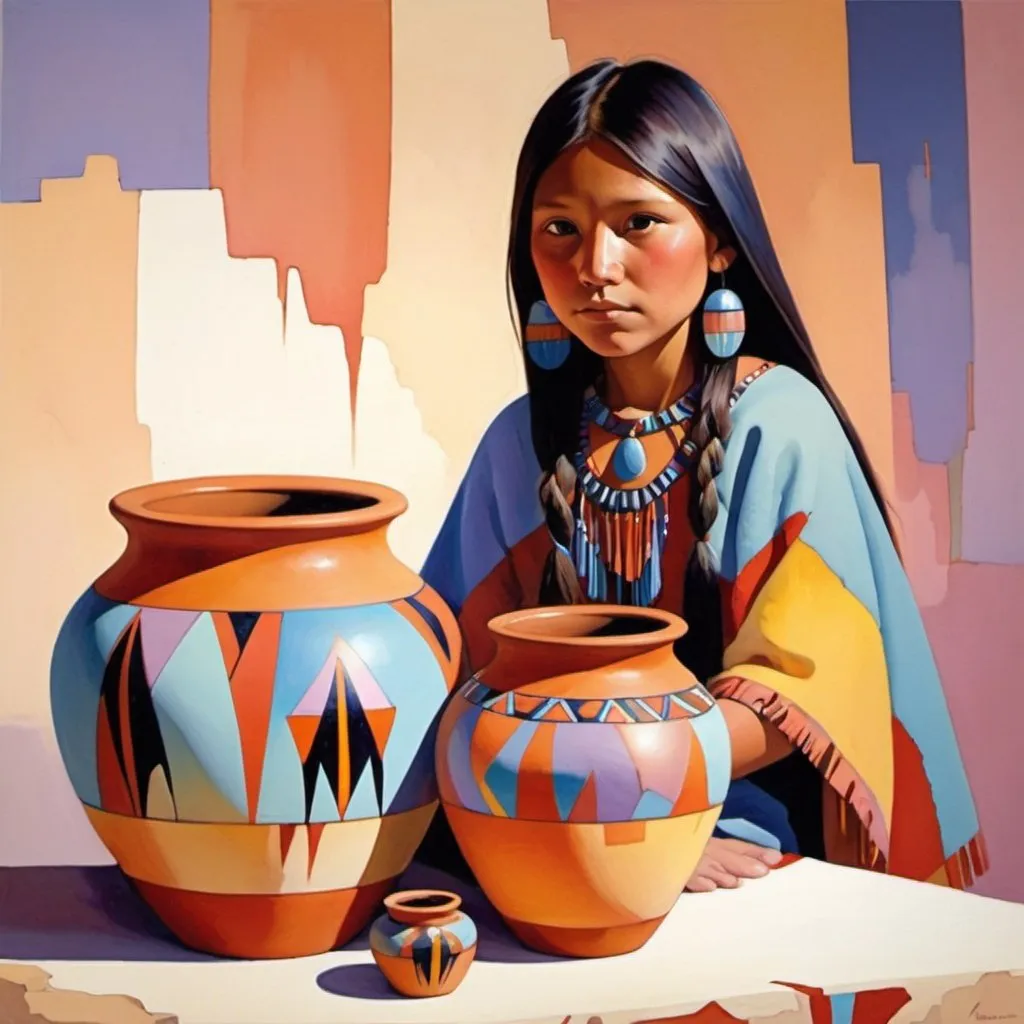 Prompt: still life painting in style of stephen quiller, with one large and one small  Hopi pots, young Hopi maiden, Hopi designs, bright pastel colors