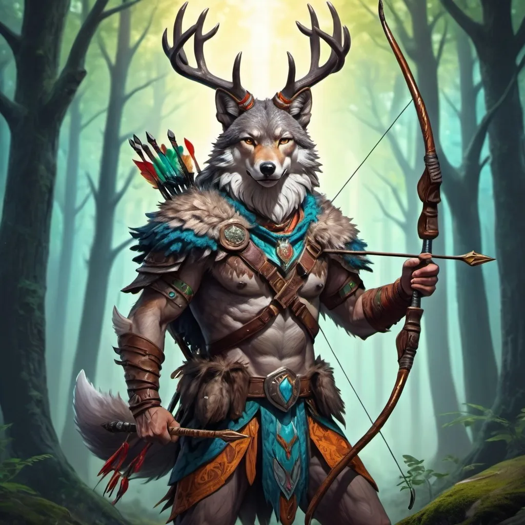 Prompt: druid wolf warrior with deer horns in the style of Here to Slay artwork by Ramy Badie body of an anthropomorphized wolf, holding a bow and arrow with a short sword on belt
