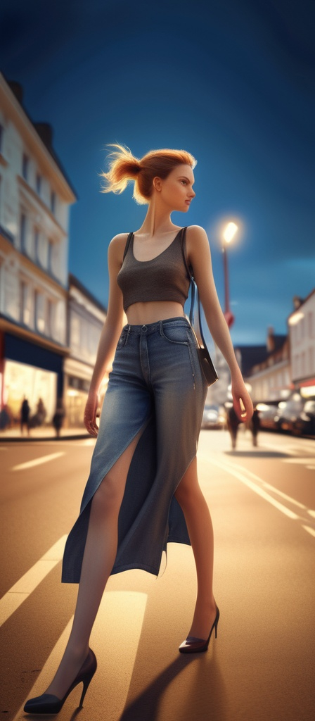 Prompt: Tall young woman walking down the high street, detailed clothing, realistic, natural lighting