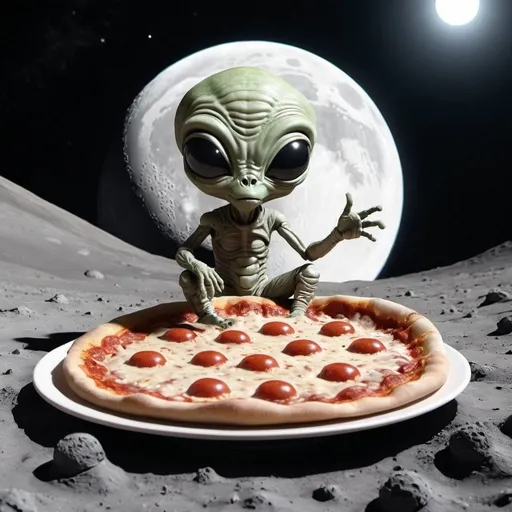 Prompt: make a picture from an alien wich eat a pizza on the moon
