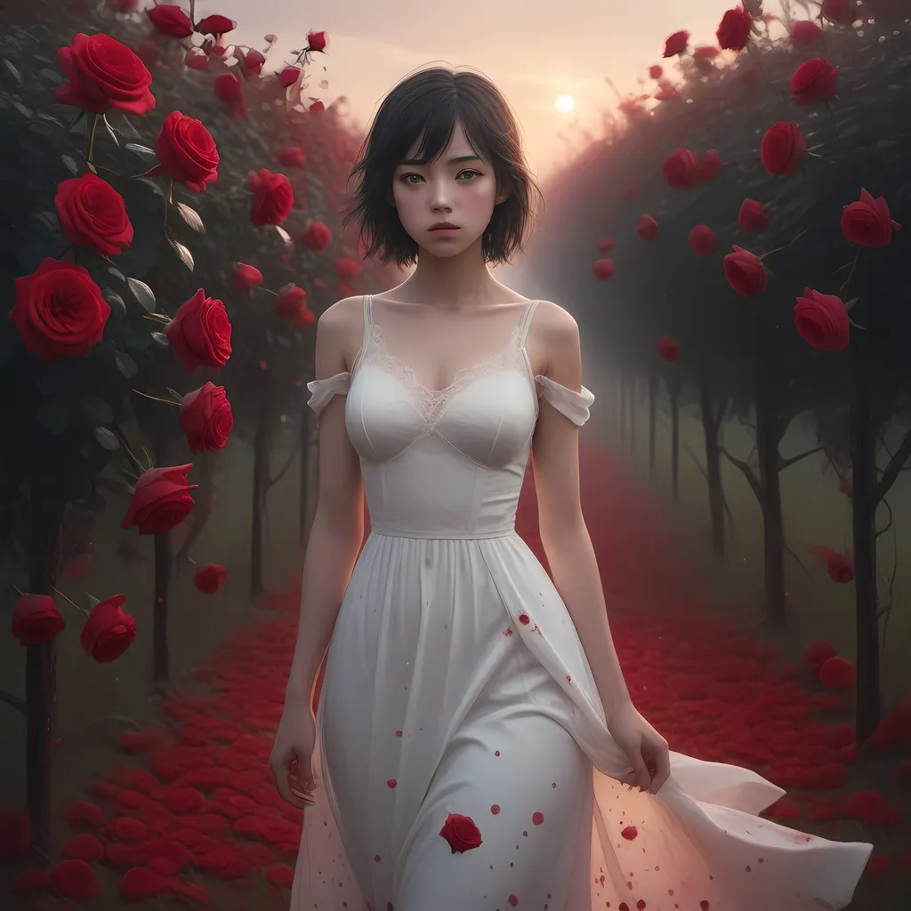 Prompt: A breathtakingly beautiful girl stands in the midst of a field of crimson roses, her pristine white dress stained with vivid splatters of blood. The petals of the roses seem to tremble in awe of her ethereal presence. The setting sun casts a warm golden glow upon her porcelain skin, accentuating the stark contrast between innocence and bloodshed. The air is thick with a sense of mystery and intrigue, as if her very existence holds a dark secret. The style is reminiscent of Makoto Shinkai's enchanting landscapes, with a touch of Gothic elegance. The image is captured with a high-resolution camera, allowing every intricate detail to be captured, from the delicate lace on her dress to the glistening droplets of blood.