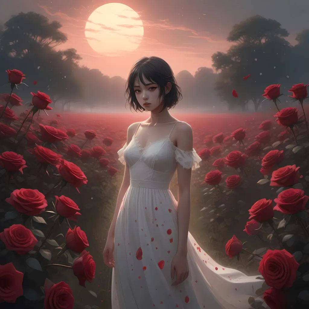 Prompt: A breathtakingly beautiful girl stands in the midst of a field of crimson roses, her pristine white dress stained with vivid splatters of blood. The petals of the roses seem to tremble in awe of her ethereal presence. The setting sun casts a warm golden glow upon her porcelain skin, accentuating the stark contrast between innocence and bloodshed. The air is thick with a sense of mystery and intrigue, as if her very existence holds a dark secret. The style is reminiscent of Makoto Shinkai's enchanting landscapes, with a touch of Gothic elegance. The image is captured with a high-resolution camera, allowing every intricate detail to be captured, from the delicate lace on her dress to the glistening droplets of blood.