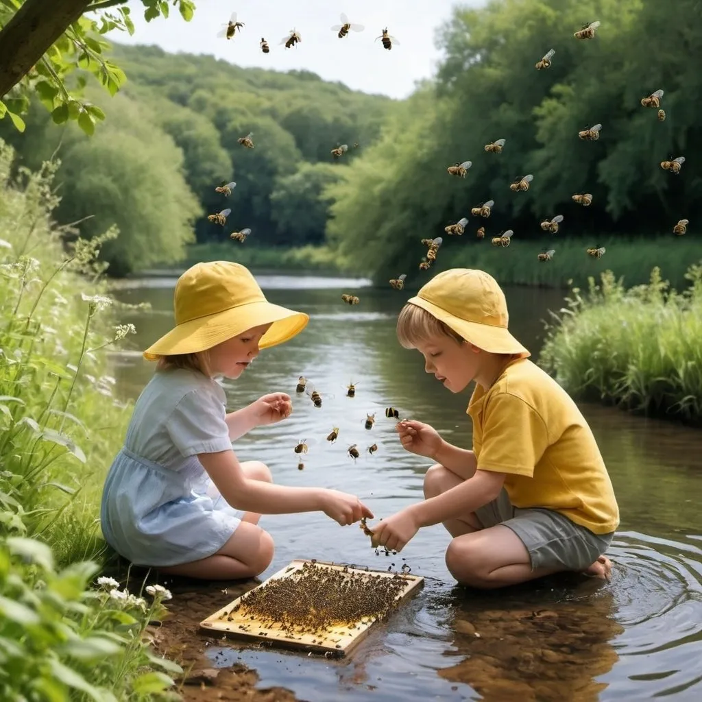 Prompt: Make a picture of Emma and Jack playing by the river with bees swarming in the air. 