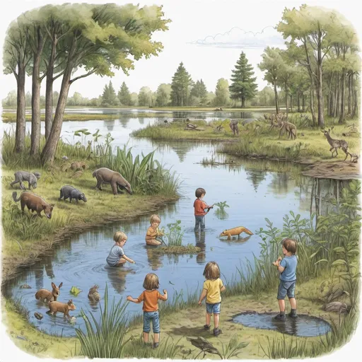 Prompt: Hand drawing of several young children finding a habitat with wildlife, trees, vegetation, some animals in a wetland such as a lake