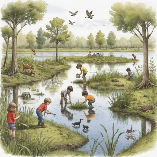 Prompt: Hand drawing of several young children finding a habitat , trees, vegetation, some animals in a wetland such as a lake