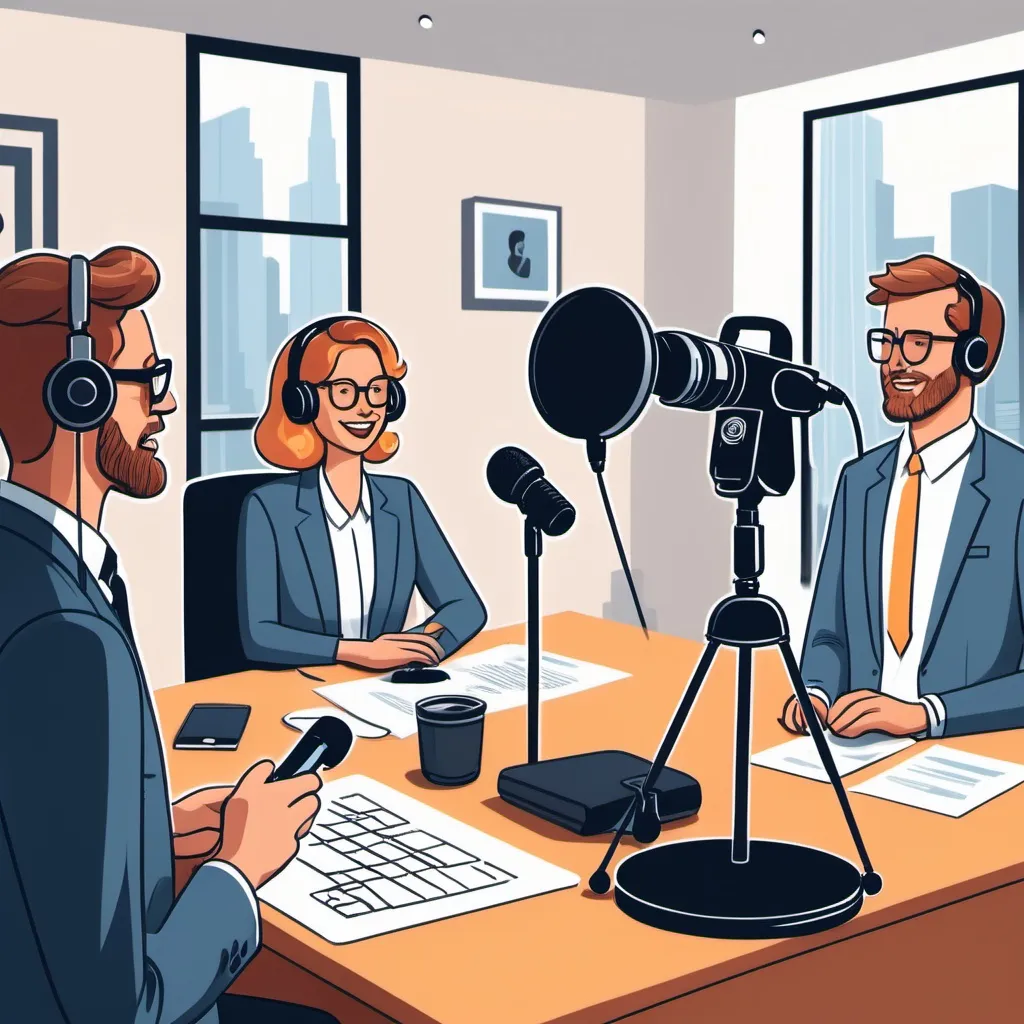 Prompt: Cartoon image for a category on a website where you see people inside a fancy office being interviewed on a podcast with a lapel microphone, a professional camera and lighting