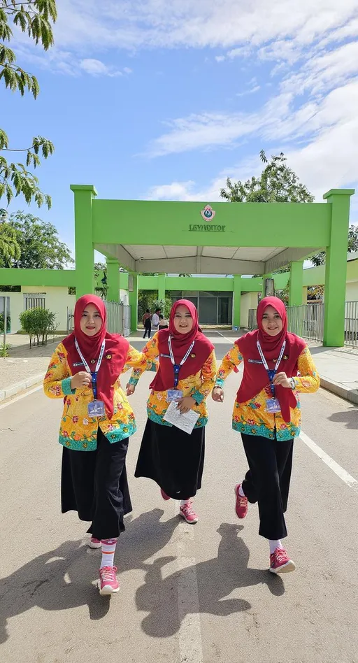 Prompt: Tiga perempuan sedang berlari di jalan depan sekolah dasar