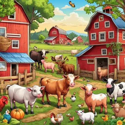 Prompt: cartoon, hidden object, farm, animals, house