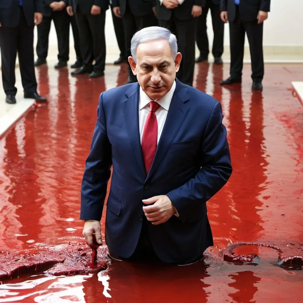 Prompt: Netanyahu standing in a pool of blood, leering