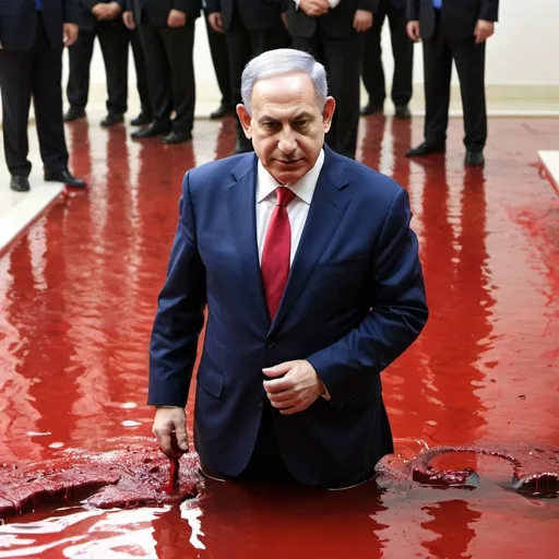 Prompt: Netanyahu standing in a pool of blood, leering
