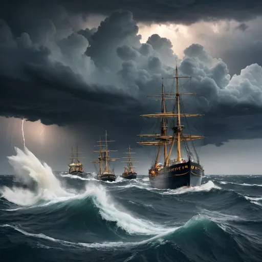 Prompt: a storm at sea. Several ships are trying to navigate the storm 