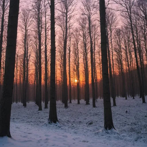 Prompt: a forest at sunset in winter
