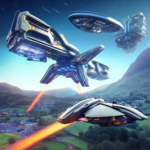 Prompt: Futuristic concept of flying machines in a rural setting, high-tech, detailed machinery, vibrant countryside, professional rendering, high-res, futuristic, detailed design, countryside, flying vehicles, advanced technology, rural landscape, professional, vibrant colors, high-quality, futuristic machinery, detailed landscape, advanced engineering, dynamic composition, futuristic country scene, professional lighting