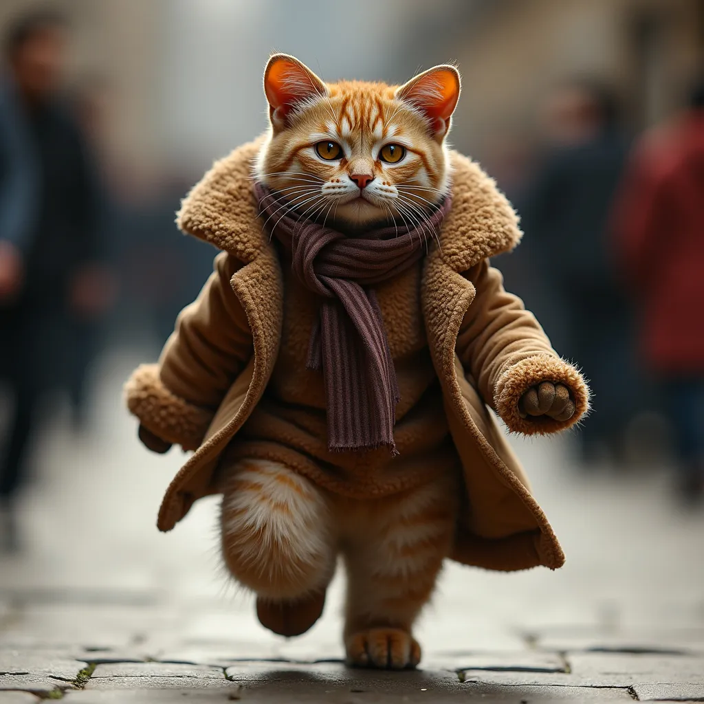 Prompt: El gato vestido gamer. Con un abrigo de jaguar muy elegante, estilo desfile de modas, caminando con 2 patas