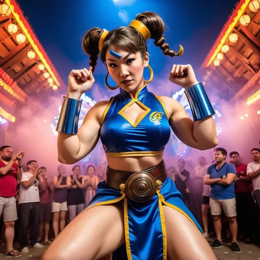 Prompt: La cámara se enfoca en Chun-Li, de frente, tocando los tambores con energía en un vibrante festival. Ella está rodeada de colores vivos, con un fondo lleno de decoraciones festivas. Chun-Li se mueve al ritmo de la música, interactuando con el público que aplaude y anima su actuación. Brillantes linternas cuelgan y iluminan la escen