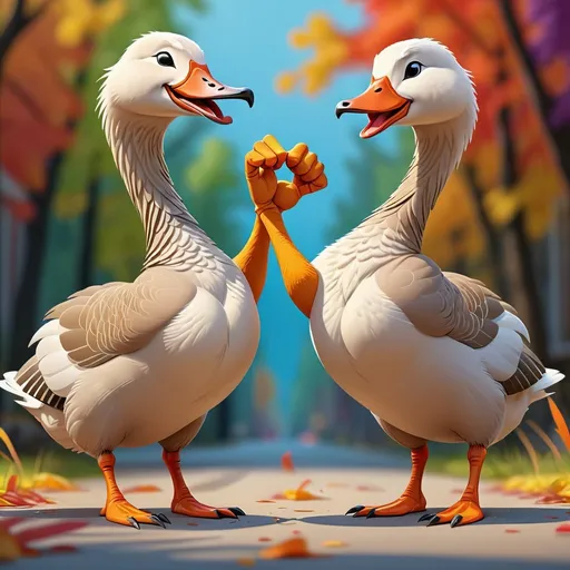 Prompt: Create a full body image of two geese fist bumping one another, vibrant colors, detailed feathers, professional cartoon style, friendly interaction, joyful atmosphere, high quality, vibrant colors, detailed feathers, professional cartoon style, friendly interaction, joyful atmosphere