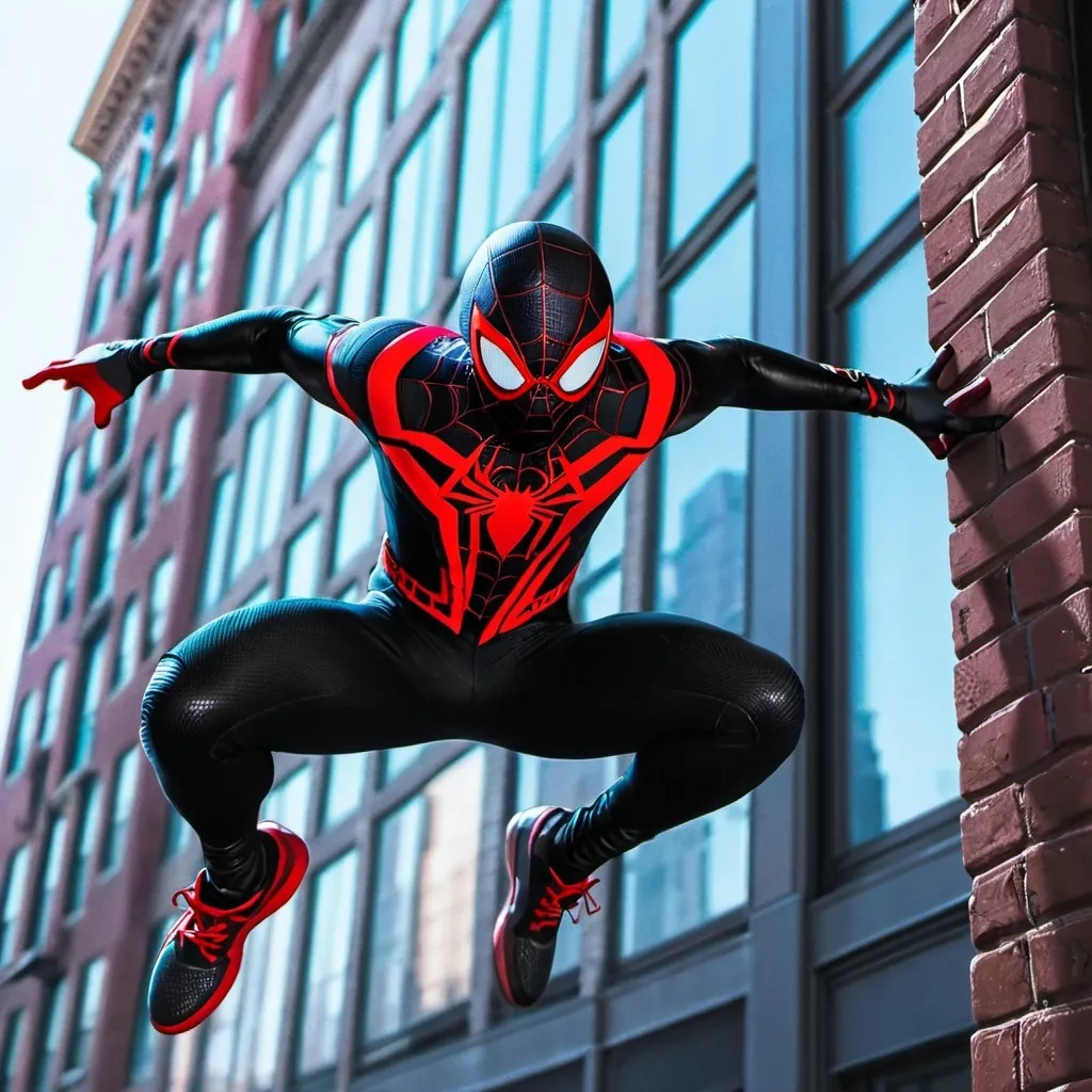 Prompt: Miles Morales jumping off a Building in New York City