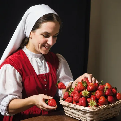 Prompt: a woman tithing with strawberries
