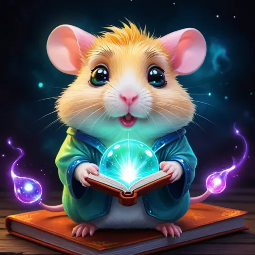 Prompt: Cartoon magical alien hamster, vibrant colors, whimsical style, adorable and mischievous expression, magical aura, glowing spellbook, otherworldly background, high quality, vibrant colors, whimsical, magical, mischievous expression, glowing aura, spellbook, otherworldly, enchanting
