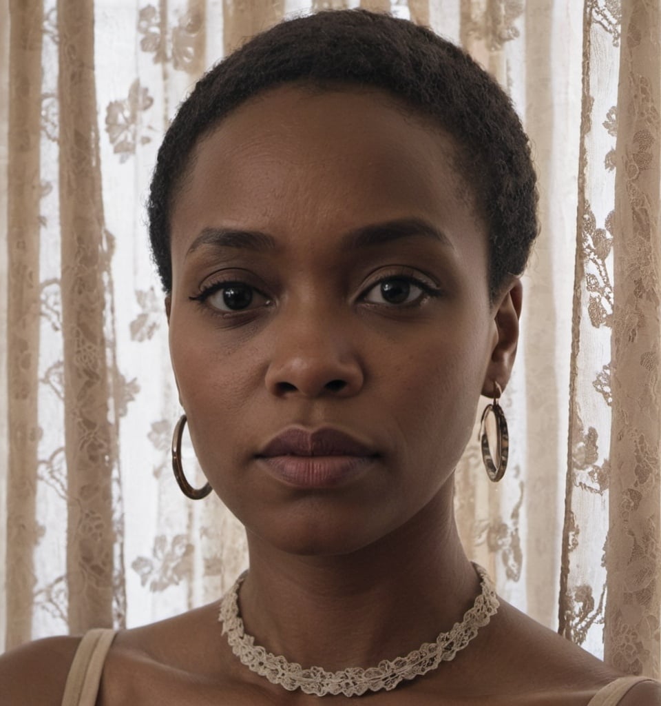 Prompt: a woman with a necklace on her neck looking at the camera with a serious look on her face and a lace curtain behind her, Chinwe Chukwuogo-Roy, figuration libre, woman, a character portrait