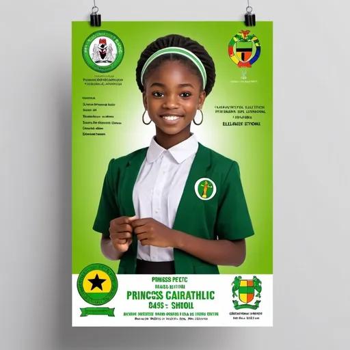 Prompt: School prefects election flyer for Princess Catholic Basic School, vibrant apple green and white color scheme, 16-year-old Black student holding the flyer, traditional Ghanaian cultural elements, high-quality, detailed illustration, realistic, vibrant colors, school emblem, traditional Ghanaian clothing, excited expression, warm and vibrant lighting
It should be written in English language. 
