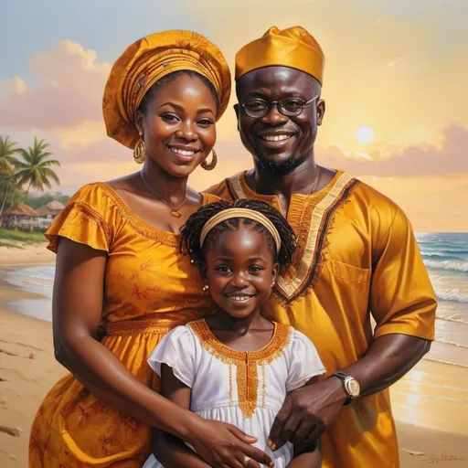 Prompt: Ghanaian family a  lady and d husband with their daughter portrait at the beach, vibrant oil painting, warm earthy tones, golden sunlight, detailed traditional clothing, joyful expressions, 4k, ultra-detailed, realistic, traditional oil painting, Ghanaian culture, happy family, detailed faces, beach setting, warm colors, vibrant, traditional attire, coastal vibes, familial love, bright and sunny