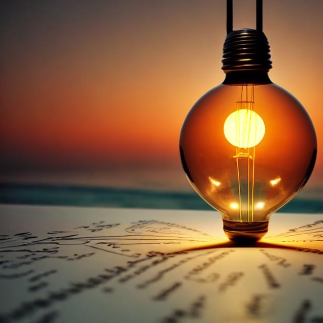 Prompt: one large bulb glowing in different colors with a sunset in the background and a nice inscription at the bottom: INTERESTING FACTS