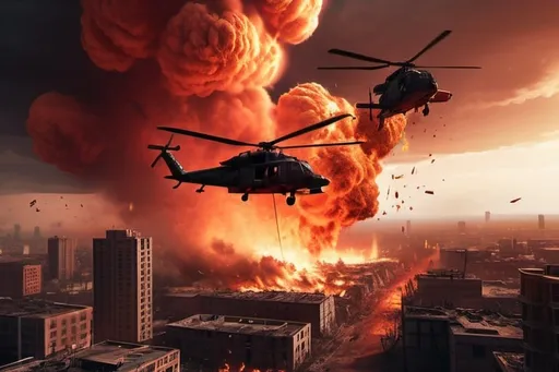 Prompt: Explosive red sky with billowing clouds, helicopters engaged in intense aerial combat, one helicopter engulfed in flames, high-contrast, 3D rendering, apocalyptic cityscape, chaotic battle, fiery red tones, dramatic lighting, detailed smoke and fire effects, debris-filled sky, high action, dystopian, highres, ultra-detailed, apocalyptic, intense combat, dramatic clouds, detailed explosions, fiery atmosphere, action-packed, apocalyptic lighting