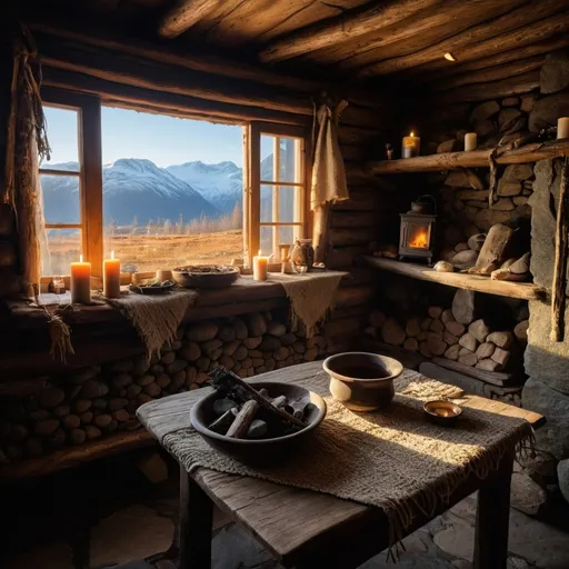 Prompt: Inside, the hut is cozy and functional, with a large hearth built into the far wall, made of smooth stones blackened by countless fires. The fire crackles softly, casting flickering shadows across the room. Above the hearth, dried herbs and flowers hang from wooden beams, their scent filling the air. Simple wooden shelves line the walls, holding jars of herbs, dried roots, and small ritual objects. A low, wooden table stands near the hearth, cluttered with scrolls, quills, and a few candles, casting a soft, warm light.

A simple wooden bed, draped with furs and rough-woven blankets, rests against the opposite wall. Above it, a small window looks out over the valley, allowing the early morning sun and fresh mountain air to filter in. The room is sparsely decorated, but the energy of the place is calm, grounded, and filled with a quiet power.

Outside the window, the towering peaks of the Norwegian mountains stretch toward the sky, their tops dusted with snow even in the summer months. The sound of a distant waterfall can be heard, and the air is cool and crisp, carrying with it the scent of pine and earth.