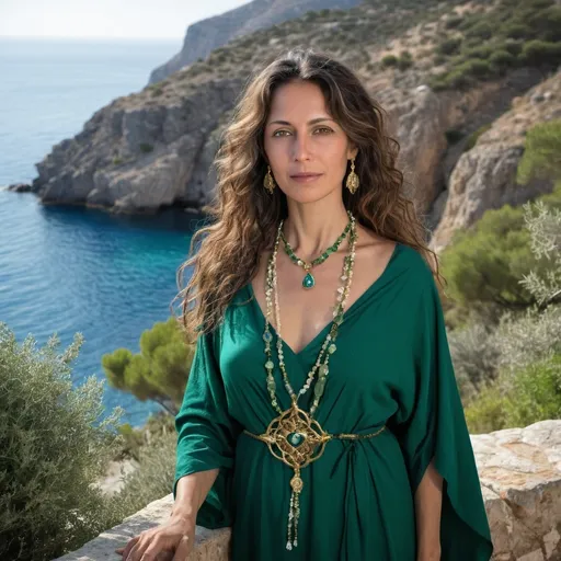 Prompt: Aldara is a 45 year old, medium-height woman with a graceful and lithe build, embodying both strength and gentleness. She has warm olive skin kissed by the Mediterranean sun and long, dark, wavy hair cascading around her shoulders. Her deep green eyes resemble lush forests, exuding empathy and a maternal warmth. Aldara is dressed in flowing emerald and gold robes adorned with symbols of life, health, and renewal. A crystal pendant shaped like a teardrop hangs from her neck, softly glowing with healing energy. Her delicate hands emit a subtle glow, channeling her healing powers, while she is surrounded by the fragrant scent of herbs and flowers. Behind her, a coastal sanctuary, built into the cliffs, overlooks the azure waters near Crete. The sanctuary is surrounded by medicinal herb gardens, fountains of pure spring water, and altars dedicated to the goddess of healing, creating a serene atmosphere imbued with the natural energies of earth and sea.