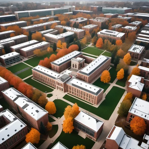 Prompt: A university campus from above 3/4 view. Somehow incorporate online and global