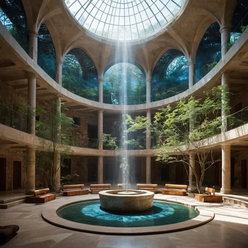 Prompt: Imagine a grand, mystical structure nestled in the heart of an ancient, forested mountain valley. The Atrium is a massive circular building, made from a combination of white stone and shimmering crystal, with glowing runes carved into its walls. These runes pulse gently with a sky-blue light, reflecting the energies of the ley lines that converge beneath the Atrium.

The central dome of the Atrium rises high into the sky, supported by tall columns that seem almost grown from the earth itself, adorned with intricate carvings of elemental symbols: wind, fire, earth, water, and spirit. The dome itself is made of translucent crystal, allowing sunlight to filter through, casting prismatic rays across the interior.

Surrounding the central dome are multiple smaller halls, connected by arched pathways of stone and living vines. Each hall represents a different magical discipline and is built in harmony with nature—some halls have trees growing through them, while others are partially submerged in water or have floors of grass and flowers. These halls also have large windows that allow the natural beauty of the surrounding landscape to blend seamlessly with the architecture.

The inside of the Atrium is filled with a soft, ethereal glow, and the air hums with the quiet, harmonious energy of magic. Paths made of crystal and stone crisscross through lush gardens, with fountains of clear, shimmering water gently flowing. Magical creatures—ethereal wisps, glowing butterflies, and elemental spirits—float through the air, lending an otherworldly feel to the space. In the very center of the Atrium is a circular stone platform where rituals, ceremonies, and teachings take place, surrounded by concentric rings of benches and cushions for meditation.

The entire Atrium feels alive, a perfect blend of nature and magic, a sanctuary of peace and wisdom where the energies of the physical and astral planes meet.