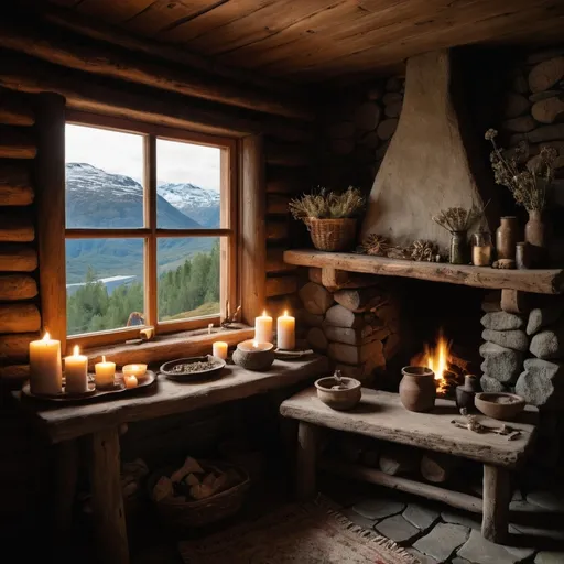 Prompt: Inside, the hut is cozy and functional, with a large hearth built into the far wall, made of smooth stones blackened by countless fires. The fire crackles softly, casting flickering shadows across the room. Above the hearth, dried herbs and flowers hang from wooden beams, their scent filling the air. Simple wooden shelves line the walls, holding jars of herbs, dried roots, and small ritual objects. A low, wooden table stands near the hearth, cluttered with scrolls, quills, and a few candles, casting a soft, warm light.

A simple wooden bed, draped with furs and rough-woven blankets, rests against the opposite wall. Above it, a small window looks out over the valley, allowing the early morning sun and fresh mountain air to filter in. The room is sparsely decorated, but the energy of the place is calm, grounded, and filled with a quiet power.

Outside the window, the towering peaks of the Norwegian mountains stretch toward the sky, their tops dusted with snow even in the summer months. The sound of a distant waterfall can be heard, and the air is cool and crisp, carrying with it the scent of pine and earth.