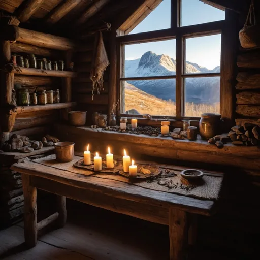 Prompt: Inside, the hut is cozy and functional, with a large hearth built into the far wall, made of smooth stones blackened by countless fires. The fire crackles softly, casting flickering shadows across the room. Above the hearth, dried herbs and flowers hang from wooden beams, their scent filling the air. Simple wooden shelves line the walls, holding jars of herbs, dried roots, and small ritual objects. A low, wooden table stands near the hearth, cluttered with scrolls, quills, and a few candles, casting a soft, warm light.

A simple wooden bed, draped with furs and rough-woven blankets, rests against the opposite wall. Above it, a small window looks out over the valley, allowing the early morning sun and fresh mountain air to filter in. The room is sparsely decorated, but the energy of the place is calm, grounded, and filled with a quiet power.

Outside the window, the towering peaks of the Norwegian mountains stretch toward the sky, their tops dusted with snow even in the summer months. The sound of a distant waterfall can be heard, and the air is cool and crisp, carrying with it the scent of pine and earth.