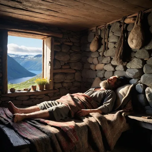 Prompt: A man, Thalor, lies on a simple bed in a small, stone-walled hut in the mountains of Norway. He has a long, peppered beard and is dressed in a simple wool tunic. His bed is rustic, stuffed with grass and wildflowers, with a rough woolen blanket draped over him. The room is lit by a soft, warm glow from a nearby hearth. As Thalor lies there, his ethereal, translucent form is beginning to lift and roll out of his body, hovering above him. His physical body remains still, while his astral body, glowing faintly with soft light, begins to separate, surrounded by a mystical aura. The atmosphere is serene and filled with a sense of ancient, magical energy.