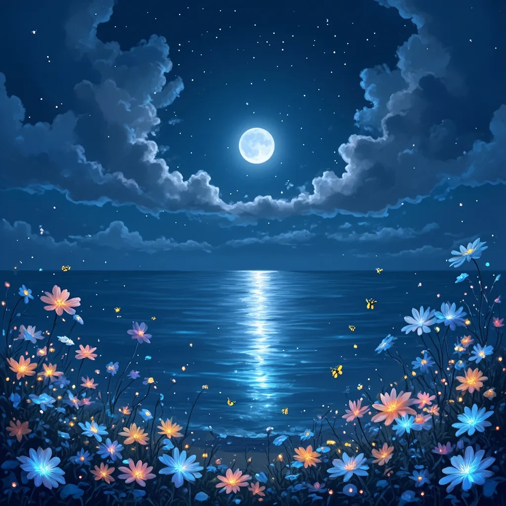 Prompt: Imagine a serene, moonlit scene by the sea. The moonlight reflects on the calm ocean, casting a soft, shimmering glow over the water. Wisps of clouds drift across the sky, diffusing the light and creating a dreamy, ethereal atmosphere.

Scattered along the shoreline, glowing flowers bloom in an array of soft colors, their petals radiating a gentle, otherworldly light. Bees, tiny and luminous, flit between the flowers, adding a sense of life and movement. Nearby, bioluminescent mushrooms sprout from the ground, casting a faint, bluish glow.

Above, the sky is dotted with shimmering stars, some hanging low, almost within reach, like glowing ornaments. The soft glow of the stars creates a magical, almost enchanted feeling in the air.

The entire scene feels peaceful, romantic, and mysterious, like a moment suspended in time where nature and light combine to create something extraordinary.