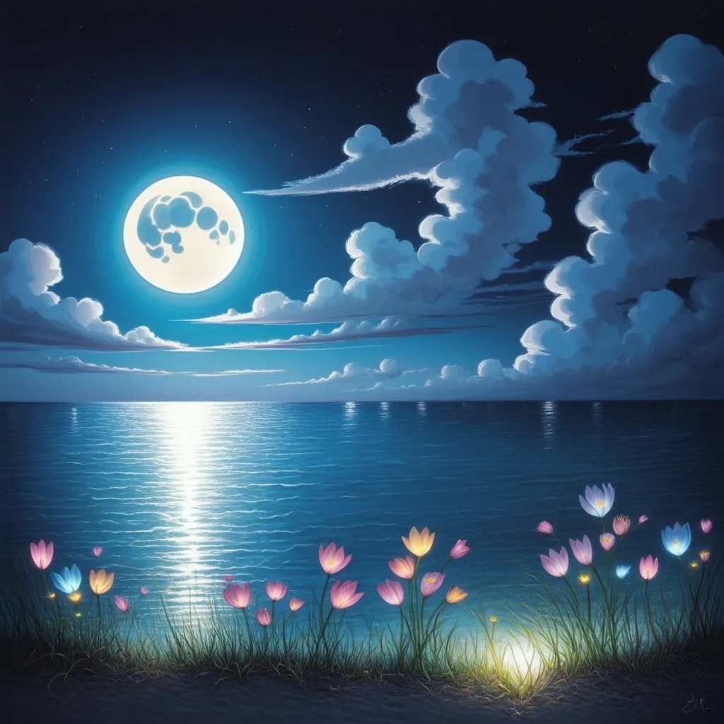 Prompt: Imagine a serene, moonlit scene by the sea. The moonlight reflects on the calm ocean, casting a soft, shimmering glow over the water. Wisps of clouds drift across the sky, diffusing the light and creating a dreamy, ethereal atmosphere.

Scattered along the shoreline, glowing flowers bloom in an array of soft colors, their petals radiating a gentle, otherworldly light. Bees, tiny and luminous, flit between the flowers, adding a sense of life and movement. Nearby, bioluminescent mushrooms sprout from the ground, casting a faint, bluish glow.

Above, the sky is dotted with shimmering stars, some hanging low, almost within reach, like glowing ornaments. The soft glow of the stars creates a magical, almost enchanted feeling in the air.

The entire scene feels peaceful, romantic, and mysterious, like a moment suspended in time where nature and light combine to create something extraordinary.