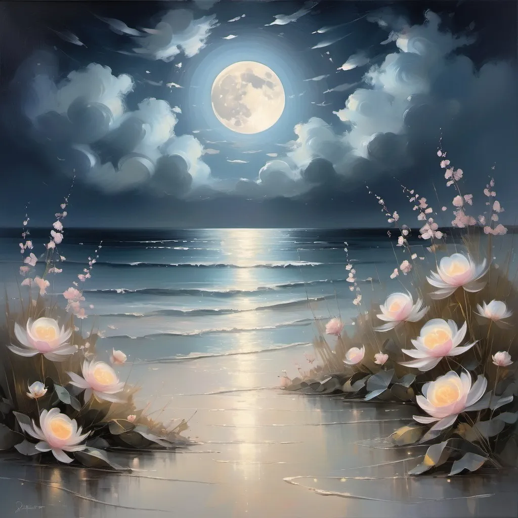 Prompt: Imagine a serene, moonlit scene by the sea. The moonlight reflects on the calm ocean, casting a soft, shimmering glow over the water. Wisps of clouds drift across the sky, diffusing the light and creating a dreamy, ethereal atmosphere.

Scattered along the shoreline, glowing flowers bloom in an array of soft colors, their petals radiating a gentle, otherworldly light. Bees, tiny and luminous, flit between the flowers, adding a sense of life and movement. Nearby, bioluminescent mushrooms sprout from the ground, casting a faint, bluish glow.

Above, the sky is dotted with shimmering stars, some hanging low, almost within reach, like glowing ornaments. The soft glow of the stars creates a magical, almost enchanted feeling in the air.

The entire scene feels peaceful, romantic, and mysterious, like a moment suspended in time where nature and light combine to create something extraordinary.