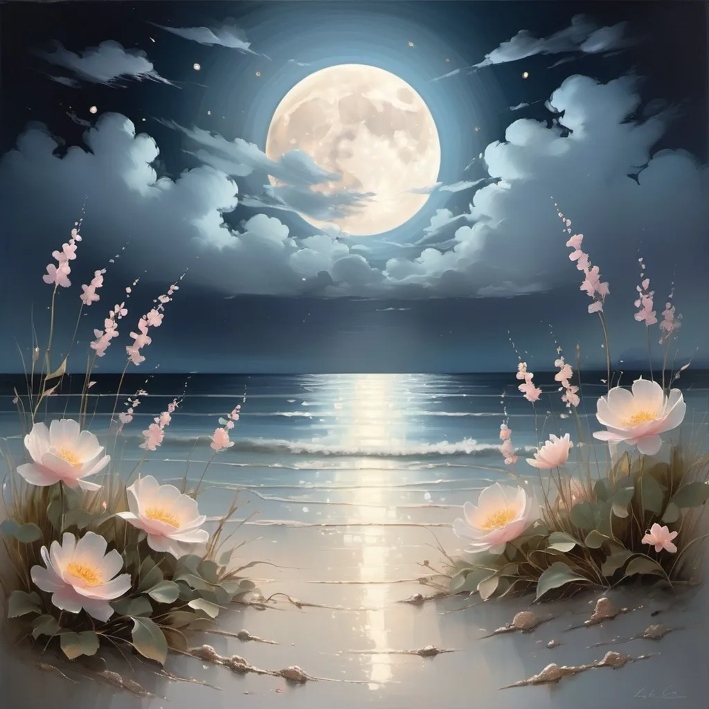 Prompt: Imagine a serene, moonlit scene by the sea. The moonlight reflects on the calm ocean, casting a soft, shimmering glow over the water. Wisps of clouds drift across the sky, diffusing the light and creating a dreamy, ethereal atmosphere.

Scattered along the shoreline, glowing flowers bloom in an array of soft colors, their petals radiating a gentle, otherworldly light. Bees, tiny and luminous, flit between the flowers, adding a sense of life and movement. Nearby, bioluminescent mushrooms sprout from the ground, casting a faint, bluish glow.

Above, the sky is dotted with shimmering stars, some hanging low, almost within reach, like glowing ornaments. The soft glow of the stars creates a magical, almost enchanted feeling in the air.

The entire scene feels peaceful, romantic, and mysterious, like a moment suspended in time where nature and light combine to create something extraordinary.