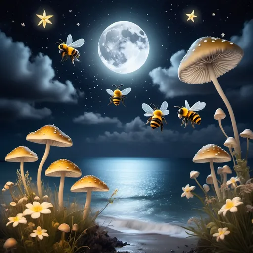 Prompt: Moonlight over the sea cloudy romantic glowing flowers and bees phlorosant mushrooms hanging stars no lense view 