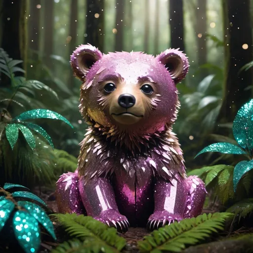 Prompt: a bear cub covered in glitter in a magical rainforest
