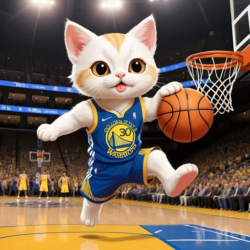 Prompt: cartoon art cute cat number 30 golden state warriors team dunking a basketball in a slam dunk in basketball NBA