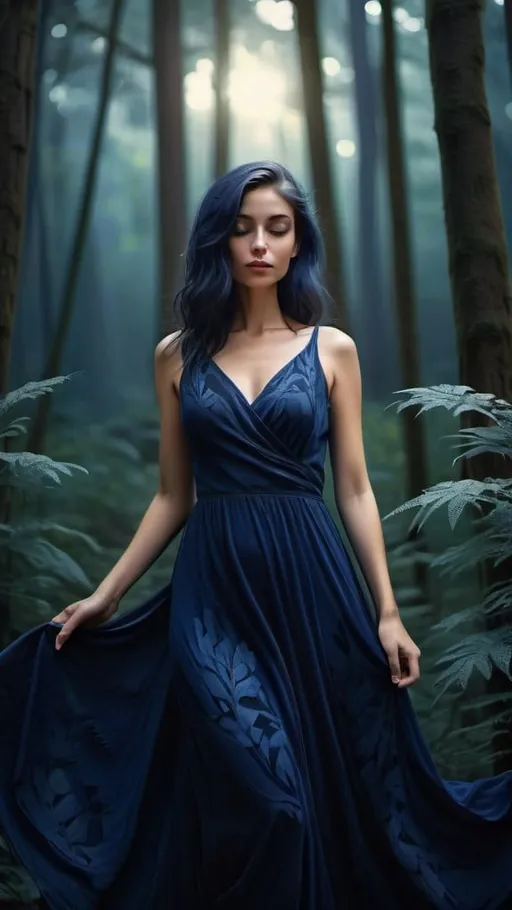 Prompt: Woman in dark blue dress, dense forest background, high quality, realistic, cool tones, mystical atmosphere, detailed foliage, flowing fabric, serene expression