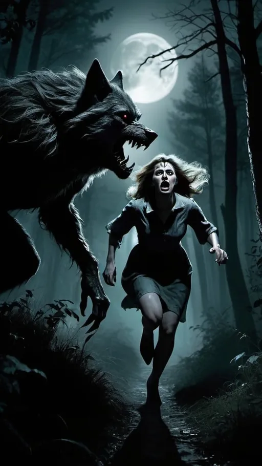 Prompt: Werewolf chasing terrified woman in moonlit forest, high quality, dark and eerie, gothic, intense chase, moonlit, dense foliage, chilling atmosphere, detailed fur, fear-stricken face, horror, suspenseful, mysterious shadows, haunting, moonlit night, atmospheric lighting