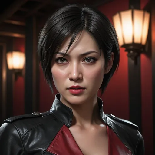 Prompt: Realistic digital painting of Ada Wong from Resident Evil, dark and moody atmosphere, intense and focused gaze, sleek black leather outfit, intricate red dress details, high-resolution, intricate detailing, realistic, detailed facial features, professional lighting, intense expression, detailed eyes, dark and dramatic, professional digital painting, dark and moody atmosphere, high quality, realistic, intense gaze, leather outfit, intense expression, professional lighting, detailed eyes