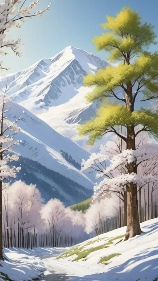 Prompt: Snow-capped mountain landscape with spring trees, afternoon lighting, high quality, detailed, realistic, natural colors, scenic, tranquil, majestic, snow-capped mountain, spring trees, afternoon sunlight, detailed foliage, serene, high quality, realistic, mountain landscape, scenic view, outdoor, peaceful, fresh air, natural lighting