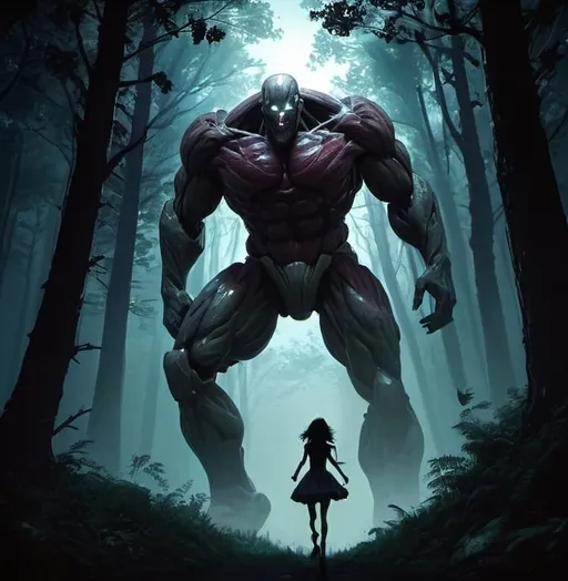 Prompt: A very scary titan chasing a girl in a forest at night 