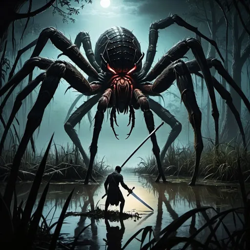 Prompt: Realistic artwork of a man fitting a giant spider monster with a sword in a swamp at night, high quality, detailed, realistic, dark tones, atmospheric lighting, giant spider monster, man with sword, swamp setting, intense action, detailed textures