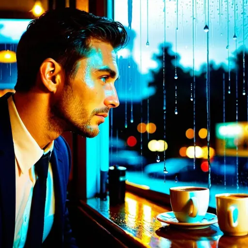 Prompt: Handsome man drinks coffee in restaurant at night while looking at the window and its raining 