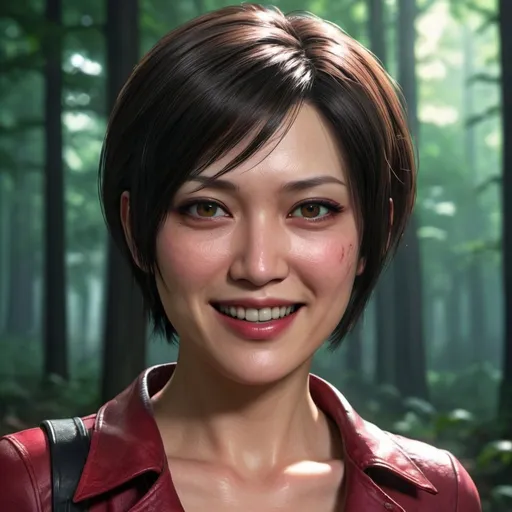 Prompt: Ada Wong from Resident Evil, forest road, smiling, high quality, realistic, cinematic, Resident Evil, detailed facial features, forest setting, vibrant colors, professional lighting, cinematic realism